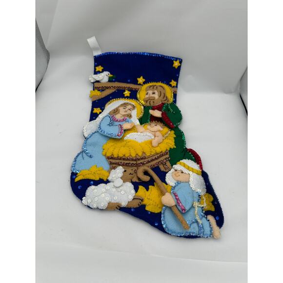 Handmade Felt Nativity Christmas Stocking Sequins, Beads, Religious Decor - Picture 5 of 7